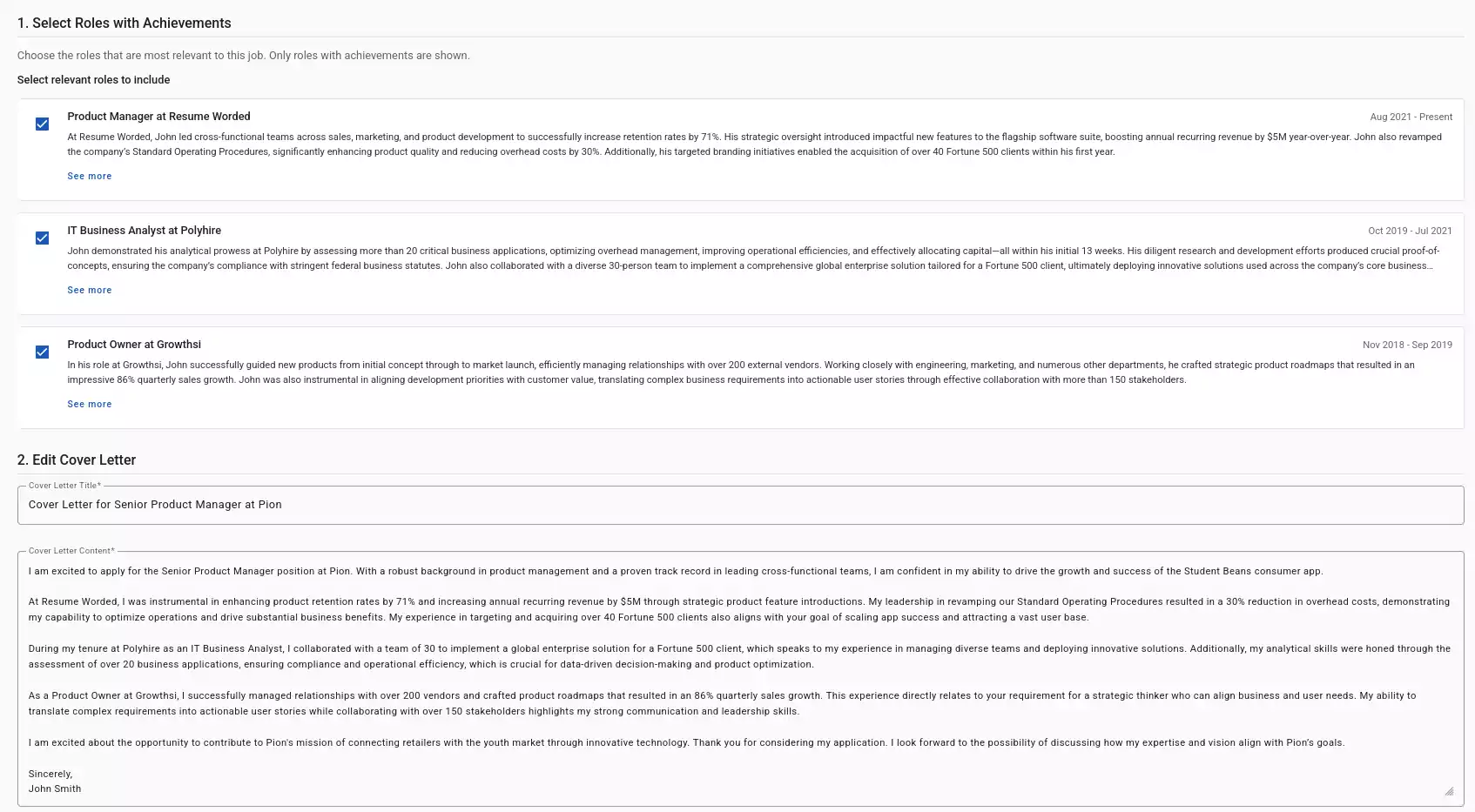 AI Cover Letter Generator interface