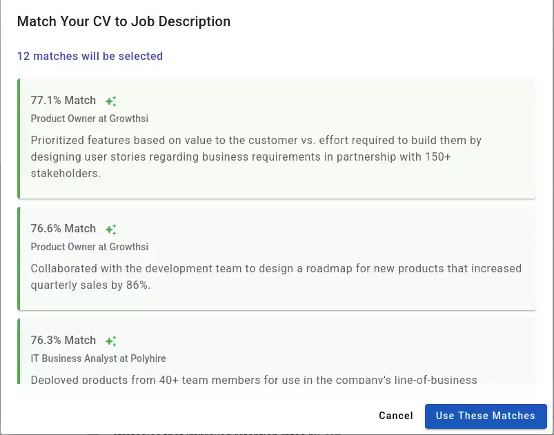 AI CV Builder interface showing job matching
