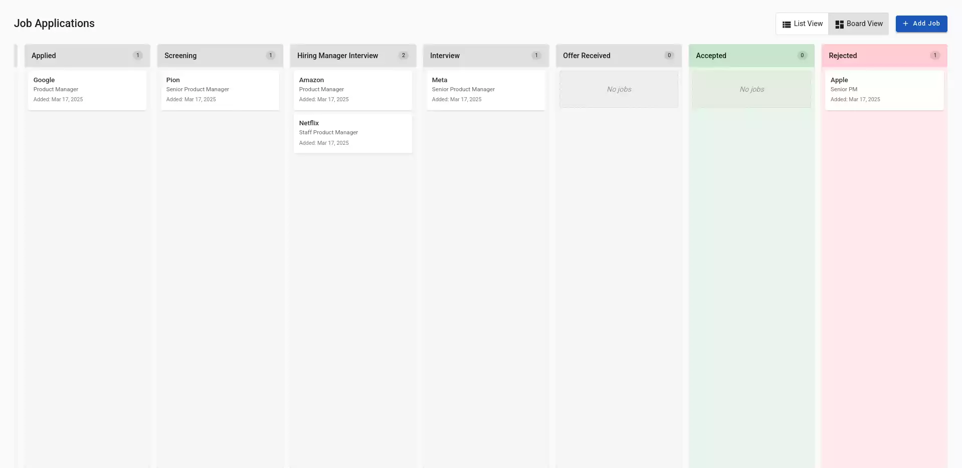 Job application tracking dashboard